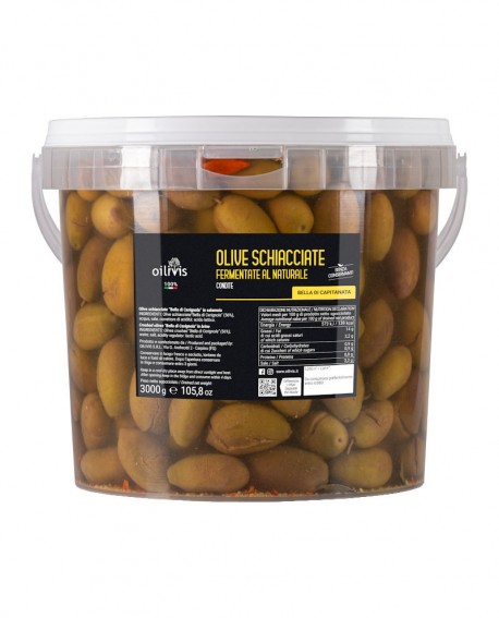 Olive Bella di Capitanata schiacciate fermentate al naturale condite - secchiello 3000g - Oilivis Frantoio Mitrione